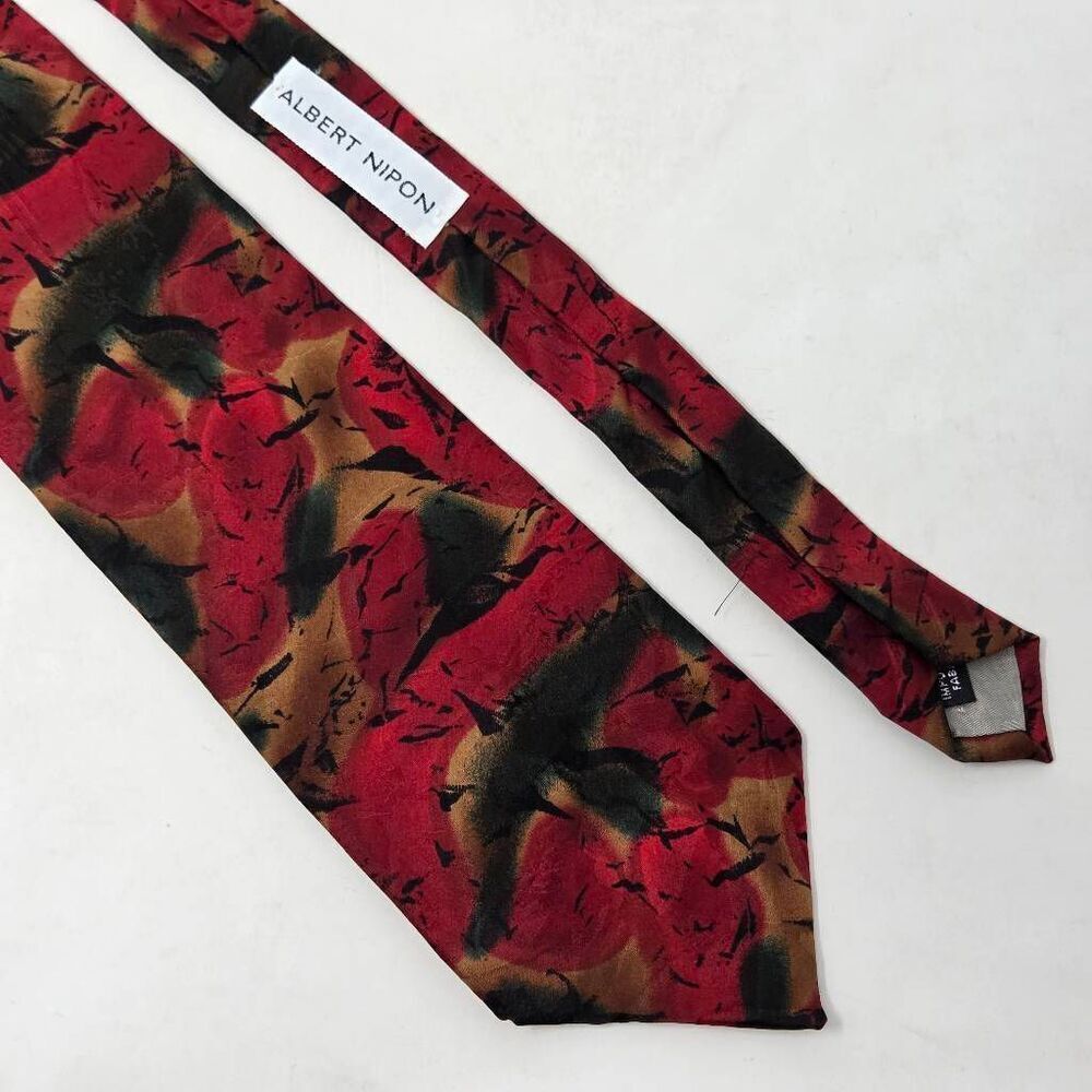 ALBERT NIPON HAND MADE SILK TIE RED BLACK WATERCOLOR ABSTRACT 4" X 57"